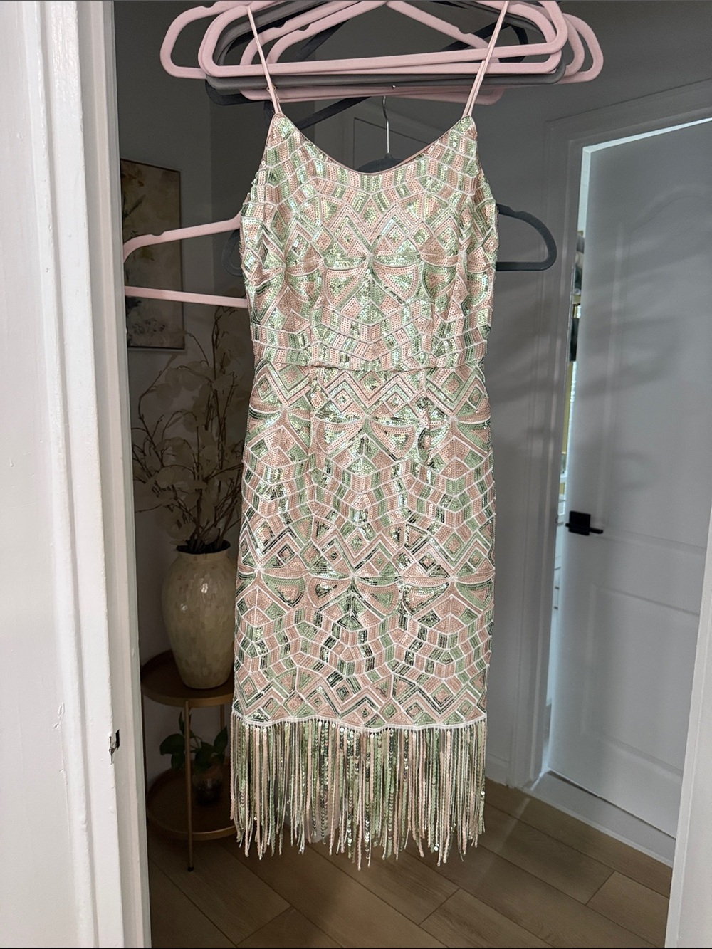 Laundry By Shelli Segal Pale Pink and Mint Beaded Fringe Midi Dress